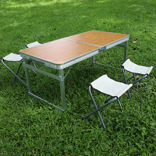 FOSO 方管無傘孔鋁合金折疊桌 增高款,竹紋桌面 露營折疊桌椅組 (桌 + 椅 4個) 120 x 60cm, 竹紋, 1組, 120 公分
