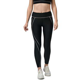 LEADER X 女款 高穩定壓縮運動長褲 九分褲 TN-363 彈性, M, 黑底黑線