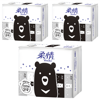 柔情 抽取式衛生紙 熊熊經典款, 100抽 x 24包, 原生紙漿, 3袋