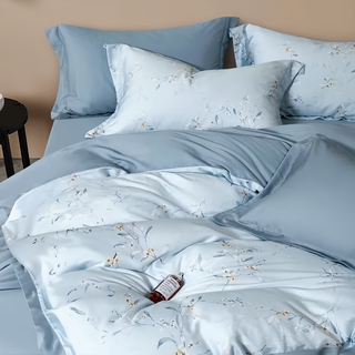 貝淇小舖 60支100%天絲 鋪棉床包兩用被四件組 夕蘭藍 親膚透氣舒適, 床包 + 兩用被 + 枕套 2個, 雙人