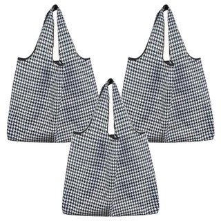 FIFIOO 超質感厚實環保購物袋 38x40公分 大容量 可折疊收納 黑白千鳥格, 黑白, 3個