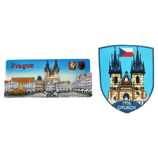 A-ONE 匯旺 捷克布拉格磁鐵冰箱貼 + 捷克泰恩教堂背膠補丁 2件組 台灣製 刺繡材質 磁鐵:4.13 x 1.85inches 布藝徽章:2..., 磁鐵:4.13 x 1.85inches，布藝徽章:2.5 x 3.1inches