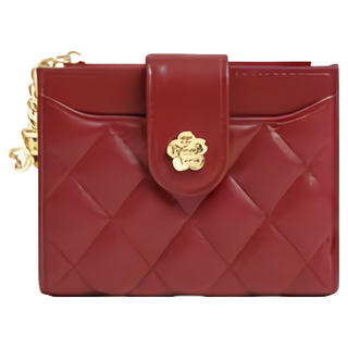 女士山茶花短夾 羊皮菱格紋10卡位, 10.5 x 9.3 x 1cm, 酒紅色