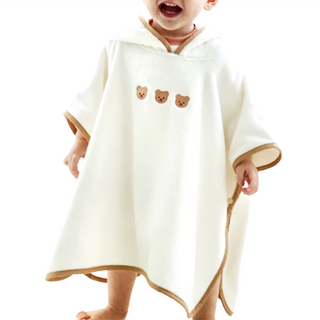 愛北鼻 兒童浴巾 連帽斗篷 柔軟親膚 夏天玩水游泳泡溫泉 多種款式尺寸可選, 大 100~130cm, 白三隻熊