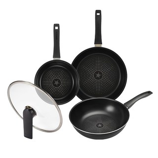 HAPPYCALL Brillo鑽石輕巧系列鍋具4件組, 平底鍋20cm+平底鍋28cm+炒鍋28cm+玻璃蓋28cm, 黑色, 1組, 平底鍋 20cm*1個+平底鍋 28cm*1個+炒鍋 28cm*1個+玻璃蓋 28cm*1個...