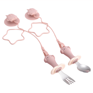 兒童吸盤餐具組 幼兒學習餐具, 1組, 不鏽鋼湯匙 + 不鏽鋼叉子 + 吸盤 2個 + 防掉練 2條 + 收納盒, 粉色