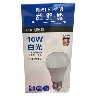 EVERLIGHT 億光 LED球泡燈, 10W 白光 6500K, 亮度1400lm, 全電壓100-240V, 1個