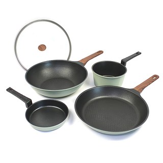 Kitchen-Art Modern系列 IH爐適用 不沾鍋五件組, 平底鍋28cm + 炒鍋28cm + 煎蛋鍋16cm + 單柄深鍋16cm + 玻璃鍋蓋28cm, 綠色, 1組