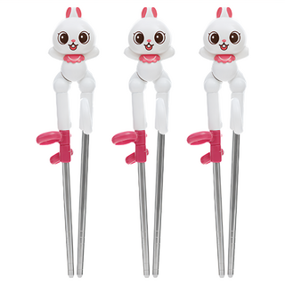 Edison 愛迪生 Friends 不鏽鋼動物造型右手學習筷 Set, 特殊手指環設計，防滑壓痕, 粉色兔子款, 3雙
