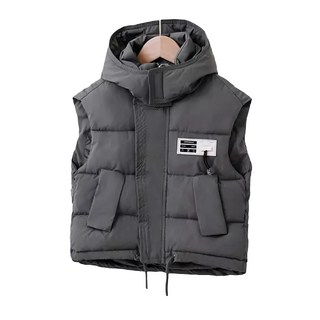 兒童秋冬羽絨棉背心, 連帽款, 尺碼100-150碼, 建議身高115~125cm, 灰色
