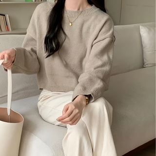 奶茶系短版毛衣 F 棉+聚酯纖維, 卡其