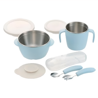 Richell 利其爾 TLI 雙層可拆式不鏽鋼禮盒, 雙層可拆式不銹鋼碗 + 雙層可拆式不鏽鋼雙耳杯 + 不鏽鋼叉匙組 +食用器吸盤, 藍色, 1組