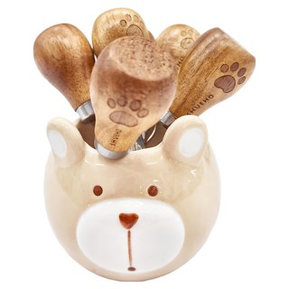 SHUEHO 樹可 水果叉家庭組 304不鏽鋼 相思木 強化瓷, 水果叉1.8 x 1.8 x 11.2cm ..., 熊熊站立, 水果叉1.8 x 1.8 x 11.2cm 20g 6支 + 收納罐8 x 6cm 175g, 1組