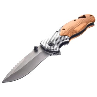 Ad-Forest 戰術狩獵折刀 戶外求生多功能露營刀 高碳鋼刀刃 原木握柄 硬度57HRC 130g 中國製, 1支, 木紋色 + 灰色