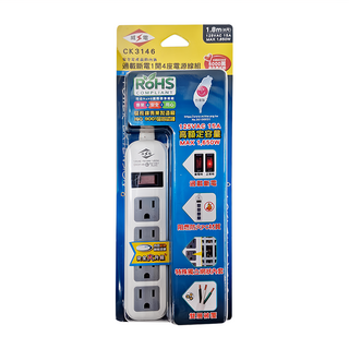 WeiTien 威電 過載斷電1開4座電源線組, 125VAC 15A MAX 1650W, 防火PC材質, 台灣製造, 1.8m, 白色, 1組