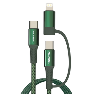 POLYWELL 寶利威爾 二合一PD編織快充線 USB-C+Lightning 適用安卓蘋果 PW15-W45-A270, 1m, 綠色, 1條