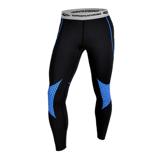 SUPERFEATURING 專業跑步 三鐵 Hicolor 運動壓縮緊身褲 蜂巢圖紋, L, 藍線