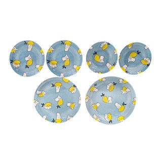 JUST HOME 日本製美濃燒檸檬熊碗6件組, 6件組(淺缽2個 + 點心盤2個 + 平盤1個+ 湯盤1個), 檸檬熊, 1組