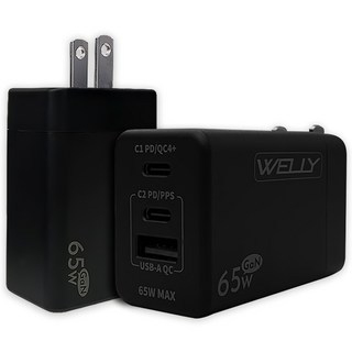 WELLY 65W氮化鎵充電器 PD3.0/QC4+/PPS/AFC/FCP, 黑色, 1個
