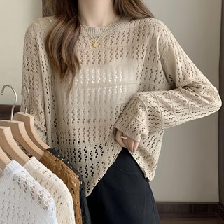 慵懶寬鬆洞洞長袖罩衫, 肩寬38cm 胸寬51cm 袖長53cm 全長53cm, 卡其色