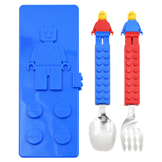 OXFORD 積木造型叉匙餐具組, 藍色, 湯匙+叉子+收納盒, 1組