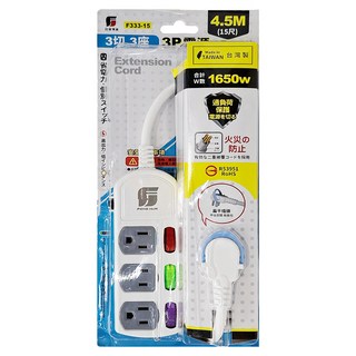 FONG HUA 崶華 三開三插電腦延長線 15尺/4.5M, 125V/15A/1650W MAX, 白色, 1條