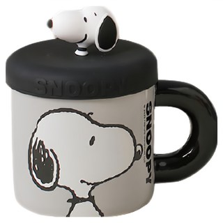 PEANUTS 史努比 陶瓷馬克杯 含公仔杯蓋, 黑色, 1個
