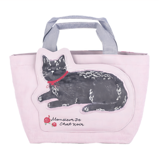 kUSUgURU JAPAN 日本眼鏡貓 Cat Rose Garden黑貓君系列 手提包 立體貓耳大口袋雙面印花手提托特包, 粉紫色