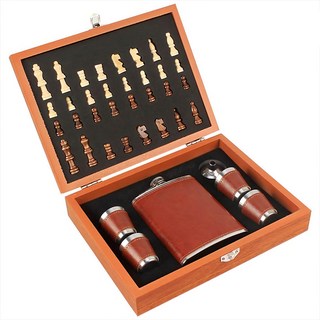 西洋棋酒壺禮盒組 8oz 棕色皮革 不鏽鋼 木頭, 875g, 1組
