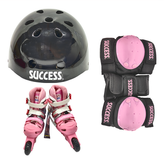 SUCCESS 成功 PU發光輪兒童伸縮直排輪 (含鞋帶/護盔/護膝/護腕/護肘) 粉色, M(17~19cm), 1組
