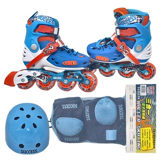 SUCCESS 成功 兒童鋁合金硬殼直排輪，附直排輪專用鞋袋、安全頭盔、護膝、護腕、護肘, 藍色, M號, 1組