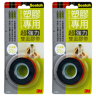 3M Scotch 超強力VHB雙面膠帶 塑膠專用, 超強黏性 適用於戶外環境 材質強韌可承重 具優異的柔軟性 角落、接縫處皆可服貼, V1202, 2個
