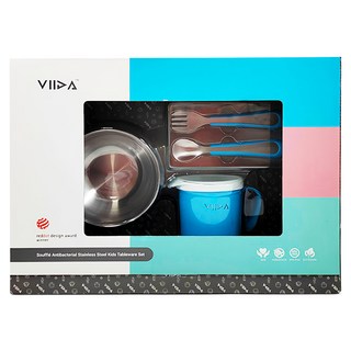VIIDA Souffle 抗菌不鏽鋼套組 1組, 寶貝藍, 餐杯 7.4 x 9cm + 矽膠杯蓋 9.3 x 1cm + 餐碗 12.5 x 4.6cm + 矽膠碗蓋 13.4 x 1 cm + 叉子 15 x 3 cm + 湯匙 14.6 x 3.5 cm + 矽膠握把 9.5 x 2.5 cm + 餐盤 21.2 x 3.4cm + 矽膠盤蓋 21.8 x 0.8cm