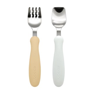 EDISON mama 嬰幼兒學習餐具組 1.5歲以上, 叉子 + 湯匙, 棕色 + 白色, 1組