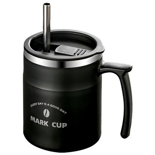 SUnORO 不銹鋼辦公室馬克杯 雙層保溫吸管水杯 附吸管 + 杯蓋 480ml 黑色, 1個