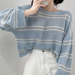 Y9284 寬鬆條紋針織罩衫，藍色，棉20%+聚酯纖維80%, 衣長50 胸圍146 袖長56