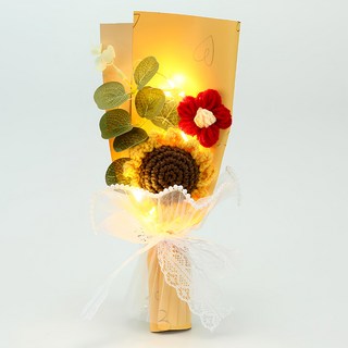 LED編織向日葵綠葉珍珠紗花束, 黃色, 1盒