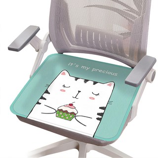 【德利生活】夏季清涼冰絲透氣坐墊 45*45cm 透氣舒適 適用於辦公室、居家椅墊, 1件, 美食貓咪 綠色 + 白色