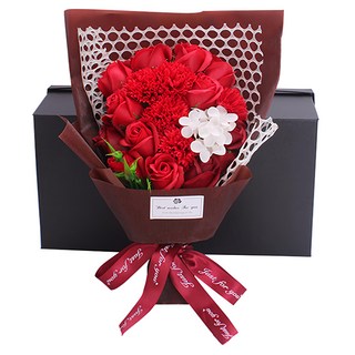 艾米購物 香皂花 19朵玫瑰花束禮盒 (含13朵玫瑰+5朵康乃馨+1朵繡球+小卡), 玫瑰紅, 1盒
