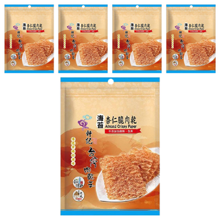 軒記台灣肉乾王 海苔杏仁脆豬肉乾, 嚴選台灣溫體豬後腿肉, 手工薄切, 不添加防腐劑, 100g, 5包