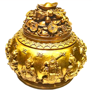 開運陶源 銅聚寶盆 精美雕刻蝙蝠如意祥雲圖案 贈送五行水晶碎石元寶龍銀, 五路財神, 1個