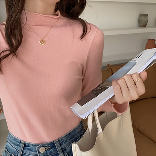 微卷邊小高領親膚多色打底衫, F, 粉