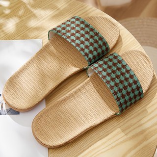BonBon naturel 男款透氣亞麻涼拖鞋經典千鳥格 2雙 綠格 吸汗 居家拖鞋, M