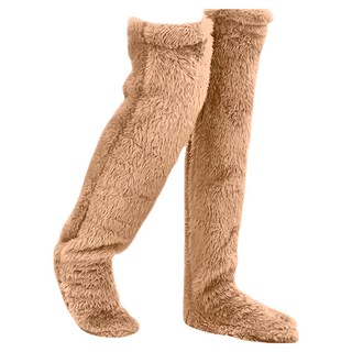 WARMPLUS+ 雙面泰迪絨可露指長筒襪 居家睡眠保暖襪, 咖啡, 足底長度(23 25.5cm )、腿部長度(55cm )、襪口周長(41.5~45cm)