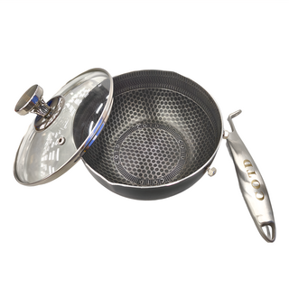 COTD 3D立體蜂巢單柄湯鍋 Set, 1.5L, 316L食品級不鏽鋼鍋身，鋼化玻璃鍋蓋，不鏽鋼手柄，防水輕放, 18cm, 1個, 銀色 + 黑色 + 透明色