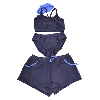 Summer love 夏之戀 大女泳裝 外搭上衣+粗版上衣X1+三角泳褲X1+外搭褲X1+泳帽X1(附活動式罩杯) 尼龍80% 彈性纖維20%, 深藍色