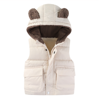 兒童款 秋冬羽絨熊耳朵背心外套, 聚酯纖維, 黑色/灰色/淺綠色/乳白色, 100碼