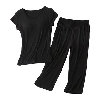 NEW FORCE 莫代爾Bra短袖七分褲套裝, 鬆緊褲頭, 一體式罩杯設計, 彈性佳, L, 黑色, 1套