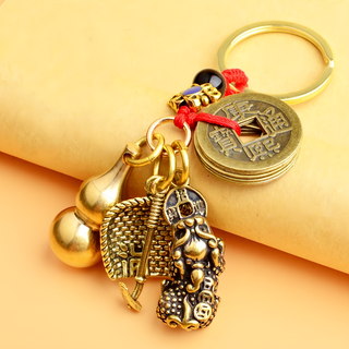 開運吊飾 黃銅貔貅系列 A款 50g, 五帝錢 + 葫蘆 + 簸箕 + 貔貅, 1組
