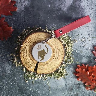 OPUS 東齊金工 不鏽鋼鑰匙圈吊飾, 當貓咪變身巨蟹座, 歐式鐵藝, 14.7 x 3.6 x 1cm, 紅色植鞣革